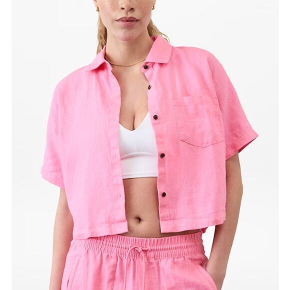 ATHLETA Retreat Linen Short Sleeve Shirt Cropped Button Front Pink Womens S NWT - Picture 1 of 9
